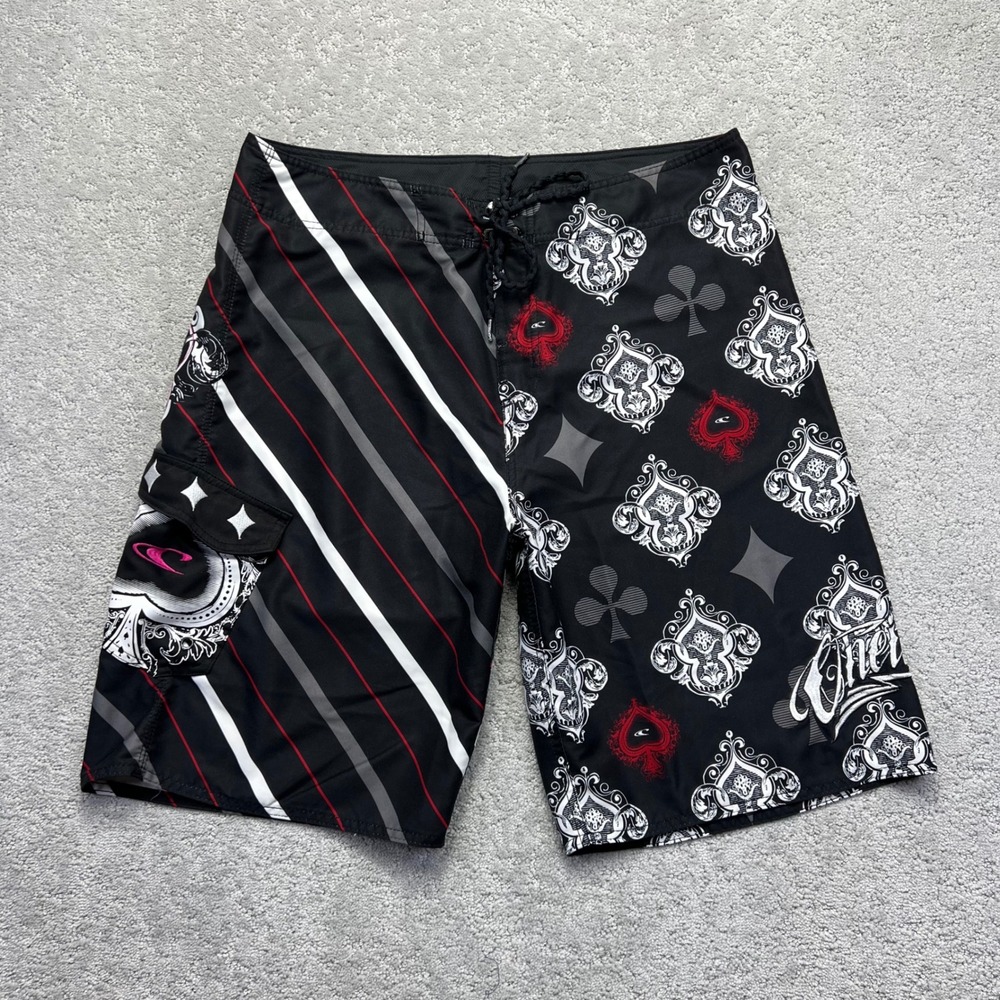 Oneill Mens Super Fly Board Shorts Mens 37 Black Red Striped Poker Card Print